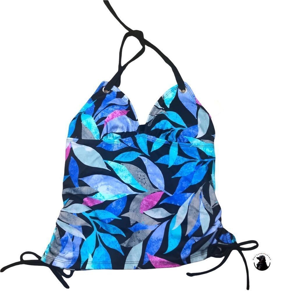 Salt & Cove Blue Leaf Print Halter Neck Padded Tankini Top Size Medium